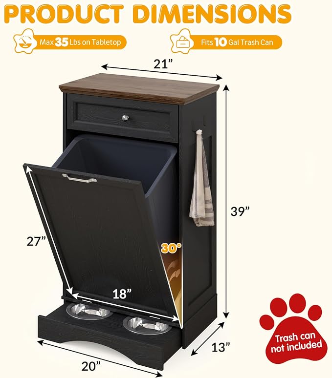 Tilt Out Trash Can Cabinet with Dog Bowl, 10 Gallons Dog Feeding Station with Storage, Dog Food Cabinet with Hideaway Drawer for Kitchen, Living Room,Laundry Room - Image 2