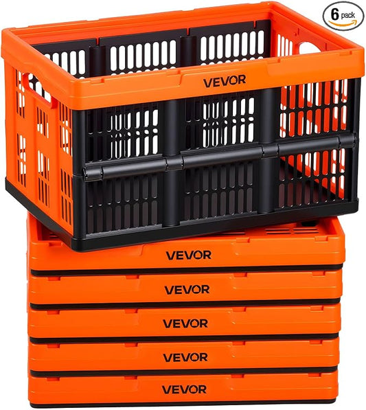 VEVOR Plastic Collapsible Storage Bins, 45L 6 Packs, Stackable Folding Storage Crates with Handles, Holds 33 lbs Per Bin, Foldable Heavy Duty Containers, Space-Saving Baskets, for Home Organizing by VEVOR