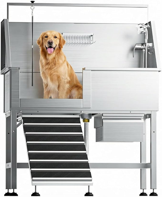 46" Dog Washing Station for Home,Professional Stainless Steel Dog Bathing Station Height Adjustable Do g Grooming Tub with Ramp, Drawer, Floor Grate & Fauct(Left Ramp) by RUDCXDY