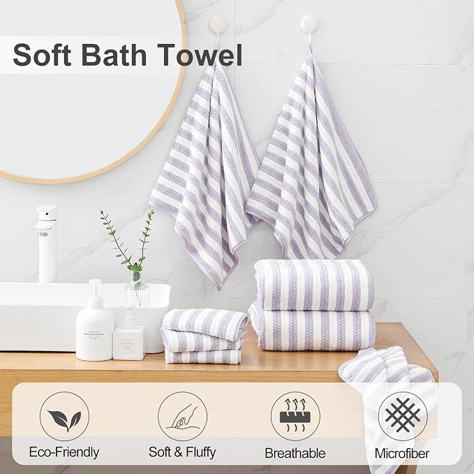 Smuge 18 Pcs Bath Towel Set, Include 6 Bath Towel Sheets, 6 Hand Towels and 6 Washcloths - Highly Absorbent Quick Dry Microfiber,Ultra Soft Bathroom Towel Set with Hanging Loop - Light Purple - Image 3