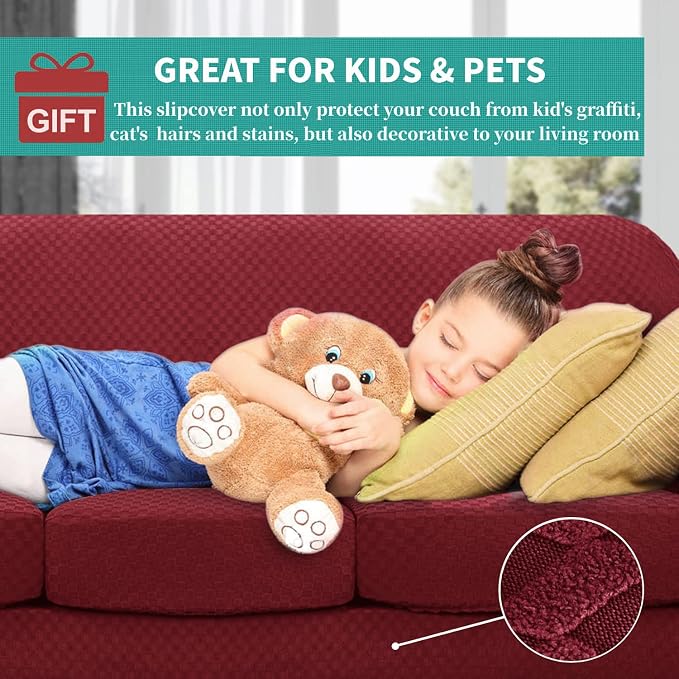 YEMYHOM Latest Checkered 3 Pieces Couch Covers for 2 Cushion Couch High Stretch Thickened Love Seat Sofa Cover for Dogs Pets Anti Slip Elastic Loveseat Slipcover (Wine Red), 55"-69"(2 Cushions) - Image 3