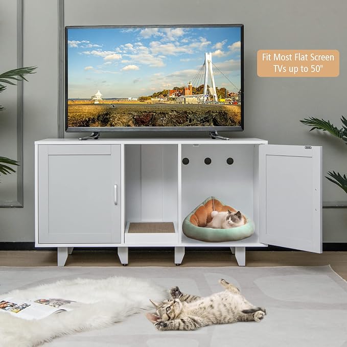 Tangkula Double Cat Litter Box Enclosure for 2 Cats, Large Stackable Hidden Privacy Cat Washroom Cabinet with Scratching Board, Indoor Cat House TV Stand Side Table, Litter Box Furniture (Grey) - Image 8