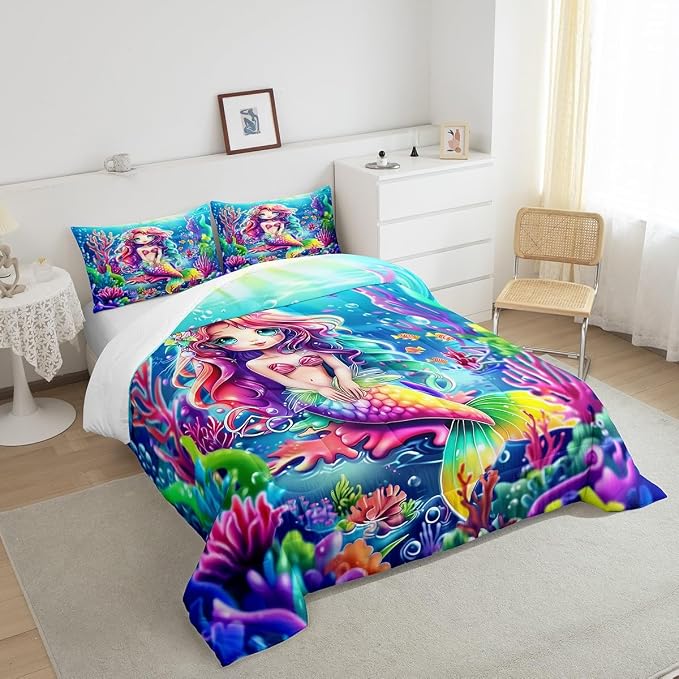 Manfei Mermaid King Size Comforter Set 3 Pcs,Watercolor Ocean Animal Dreamy Fairy Tale Bedding Set,Undersea Colorful Coral Neon Mermaid Scale Ultra Soft Microfiber Inner Fill Comforter - Image 4