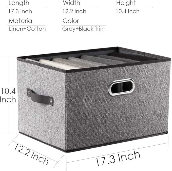 PRANDOM Larger Collapsible Storage Bins for Closet [5-pack] Decorative Linen Fabric Storage Baskets Cubes with Leather/Metal Handles for Living Room Grey (17.3x12.2x10.4 Inch) - Image 5