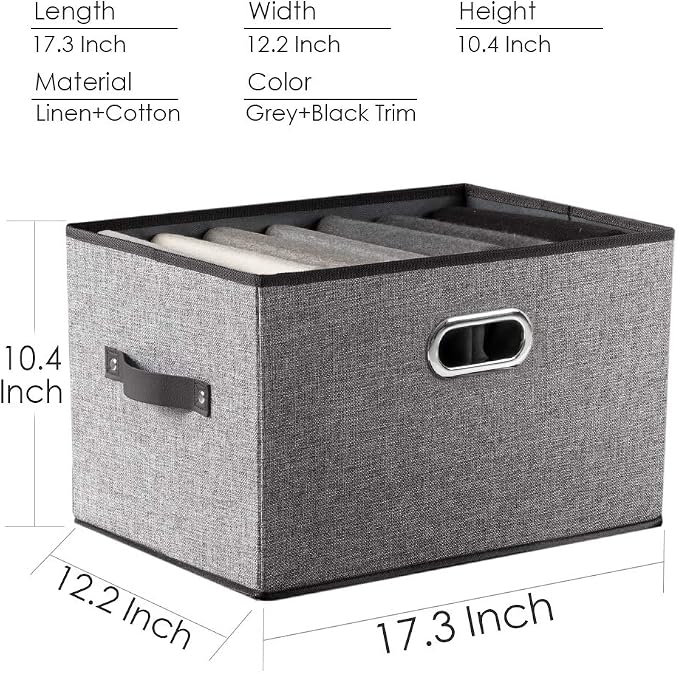 PRANDOM Larger Collapsible Storage Bins for Closet [5-pack] Decorative Linen Fabric Storage Baskets Cubes with Leather/Metal Handles for Living Room Grey (17.3x12.2x10.4 Inch) - Image 5