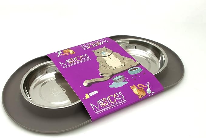 Messy Cats Double Silicone Feeder, Stainless Bowls, 1.75 Cup, Grey | Non-Slip Silicone Double Cat Feeder With Two Removable Stainless Steel Saucer Bowls For Food And Water - Image 5