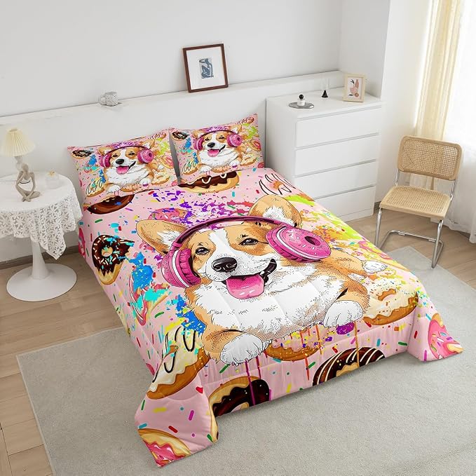 Watercolor Donuts Comforter Set Queen Size 3pcs, Graffiti Cartoon Dog Cute Animal Print Bedding Set for Kids Girls Boys, Dessert and Animal Theme Polyester Quilt Duvet for Dorm Bedroom, Pink - Image 4