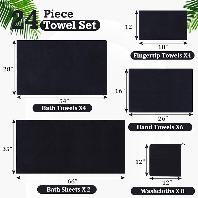 Mixweer 24 Piece Black Microfiber Absorbent Towel Set: 2 Oversized Bath Sheets, 4 Bath Towels, 6 Hand, 8 Washcloths, 4 Fingertip for Bathroom Spa Gym Camping Beach - Image 6