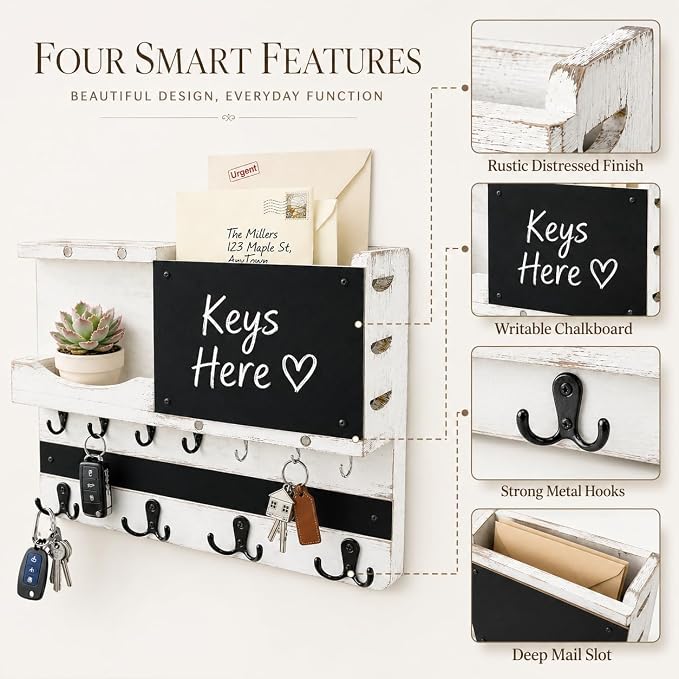 Key Holder for Wall Mount with Shelf and Mail Organizer, Key and Mail Holder with 16 Hooks, Farmhouse Entryway Organizer, Home Decor Rack (Pine Wood, White Washed) - Image 5