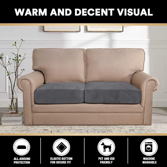 PrinceDeco Velvet Couch Cushion Cover Soft Stretch Cushion Slipcover for Chair Loveseat Sofa Cushion Furniture Protector Seat Cushion Sofa Cover Each Width Up to 40", Grey - Image 3