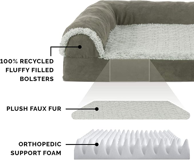 Furhaven Orthopedic Dog Bed for Large/Medium Dogs w/ Removable Bolsters & Washable Cover, For Dogs Up to 55 lbs - Two-Tone Plush Faux Fur & Suede L Shaped Chaise - Dark Sage, Large - Image 4