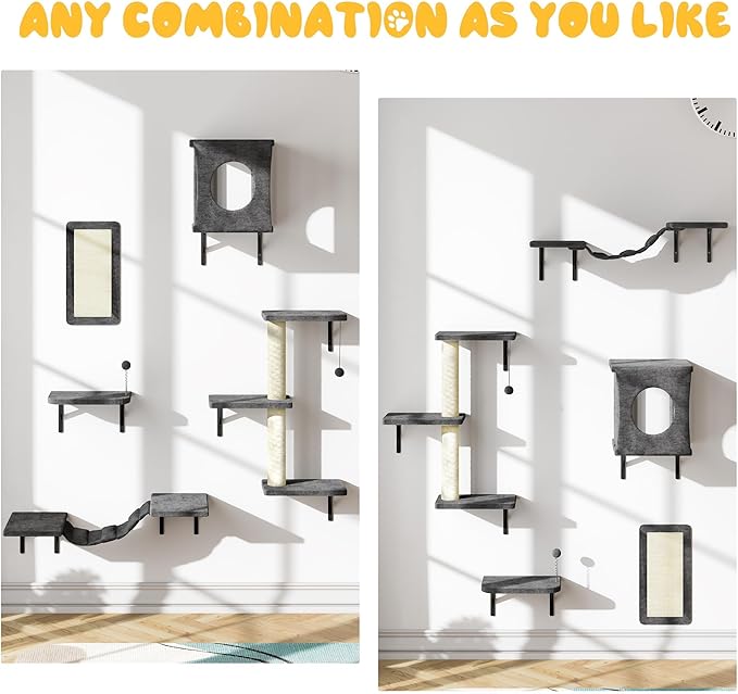 Cat Wall Shelves, 10-in-1 Wall-Mounted Cat Furniture Set | Large Cat Climber Set with House, Bridge, Steps, Scratcher, DIY Playground, Shelves for Indoor Wall Furniture Set - Grey - Image 3