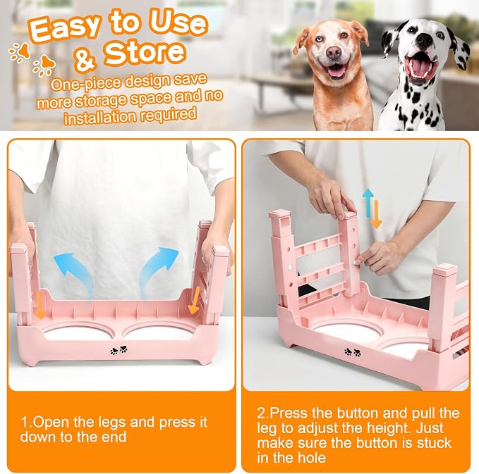 COMESOON Elevated Dog Bowls, 4 Height Adjustable Raised Bowl Stand with 2 Thick 50oz Stainless Steel Food Bowls Non-Slip Feeder Adjusts to 3.7'', 9.2'', 10.75'', 12.36'' Pink - Image 6
