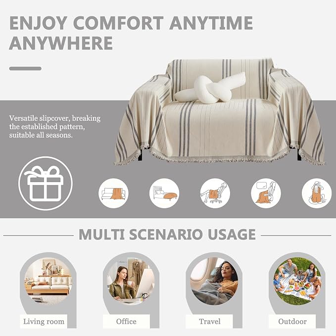 DREAMINGO Chenille Armchair Cover Jacquard Sofa Covers Washable Furniture Protector Recliner Couch Cover 1 Cushion Reversible Chair Cover Beige Light Grey Striped Couch Cover Blanket 71"x 71" - Image 3