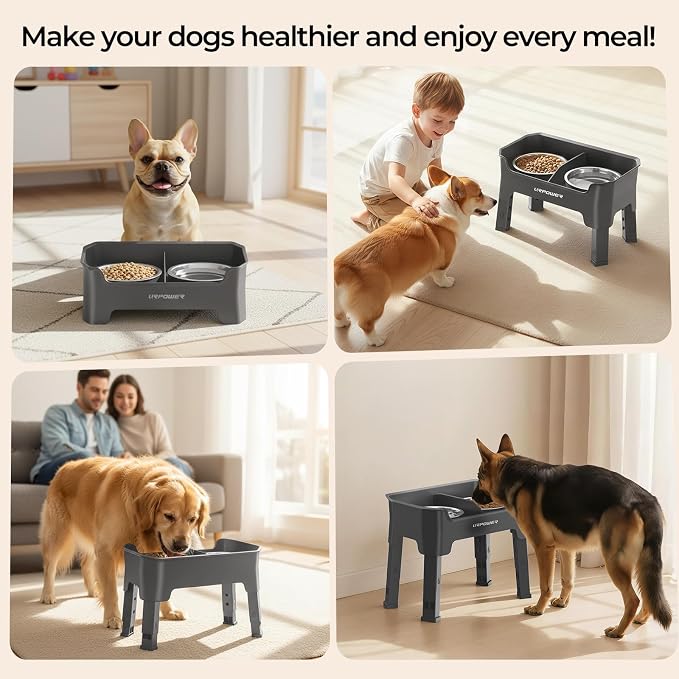 URPOWER Mess Proof Elevated Dog Bowls, Splash Guard Raised Bowl Stand | 4 Height Adjustable Raised Stand with 2 Stainless Steel Food Bowls & Licking Plate for Small, Medium & Large Dogs - Image 8