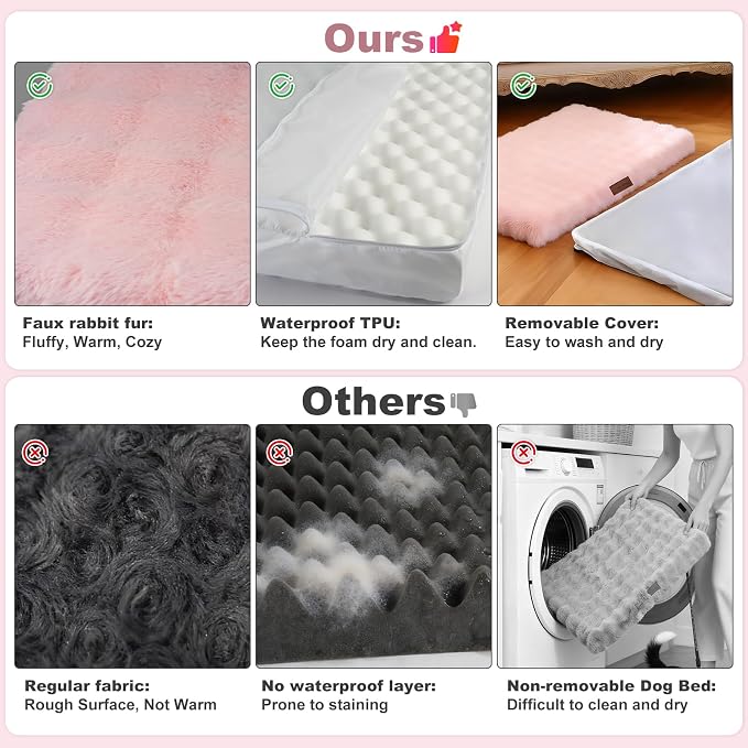 Orthopedic Dog Beds for Big Dogs, Fluffy Faux Rabbit Fur Pet Bed with Removable Washable Cover, Dog Bed Mat with Egg Crate Foam & Waterproof Lining, Anti Slip Bottom, Pink,52"x36"x4" - Image 7