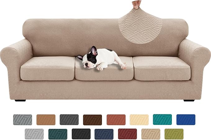 XINEAGE 2026 New 4 Pieces Extra Large Couch Covers for 3 Cushion Sofa Super Stretch Sofa Cover for 3 Large Seat Cushion Universal Slip Cover for Living Room (Khaki), 91"-110"(3 Cushions) by XINEAGE