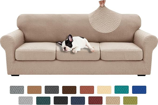 XINEAGE 2026 New 4 Pieces Extra Large Couch Covers for 3 Cushion Sofa Super Stretch Sofa Cover for 3 Large Seat Cushion Universal Slip Cover for Living Room (Khaki), 91"-110"(3 Cushions) by XINEAGE