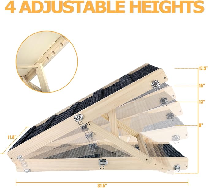 Adjustable Dog Ramp, Portable Folding Pet Ramp, 32" Long Wooden Pet Ramp for Bed with Non-Slip Traction Mat for Small Dogs, Dog Climbing Ladder for Sofa, Bed, Couch,Car(LGPT1,Gray)