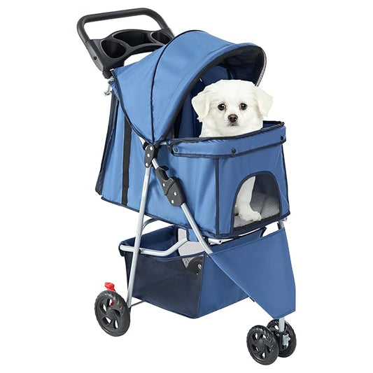 Sweetcrispy 3 Wheels Pet Stroller for Small Dogs and Cats – Foldable Dog Stroller with Mesh Windows, Storage Basket & Cup Holder, Lightweight & Durable Pet Carrier for Travel, Outdoor Use, Blue