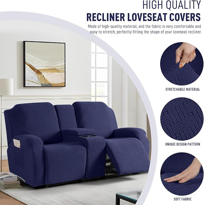 KinCam Loveseat Recliner Covers with Middle Console Slipcover, Dark Blue | Stretch Recliner Sofa Covers for 2 Seat Couch Cover, Jacquard Furniture Protector Covers with Elastic Bottom for Kids, Pets - Image 2