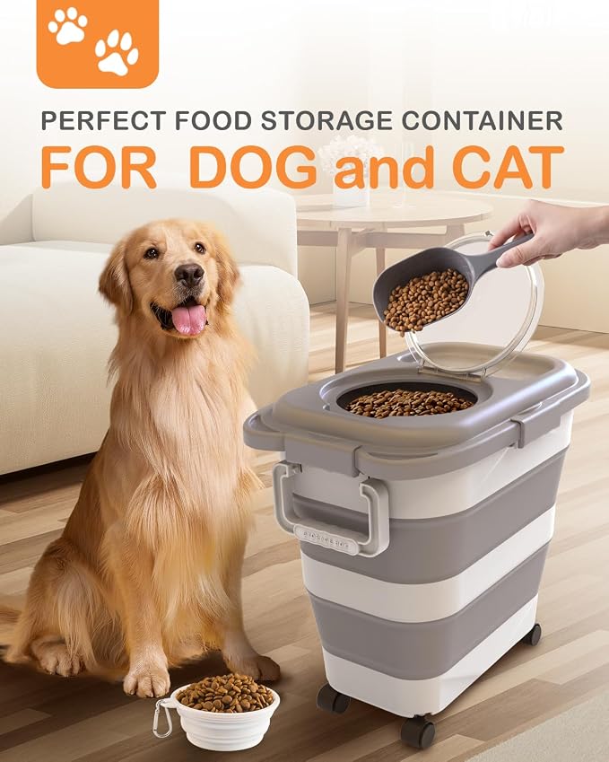 25-28Lbs Dog Food Storage Container Airtight,Collapsible Pet Food Storage | Dog Food Container with Handle,Wheels,Double Airtight Seal Fresh,Save Space,Pest/Mouse-proof,Small Cat Food Container,Scoop - Image 2
