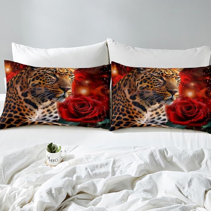Red Rose Cheetah Bedding Set,Cat Leopard Print Sheet Set,Romantic Flowers Sheets,Chic Wild Animal Theme Fitted Sheet with Floral Flat Sheet for Kids Boys Girls Youth Man Women Bedroom Decor,Full - Image 4