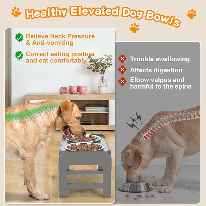 Elevated Bowls, 4 Height Adjustable Raised Stand With 2 Thick 50oz Stainless Steel Food Bowls, Non-Slip Feeder for Large Medium Dogs, Adjusts to 3.7", 9.2", 10.75", 12.36" Grey - Image 3