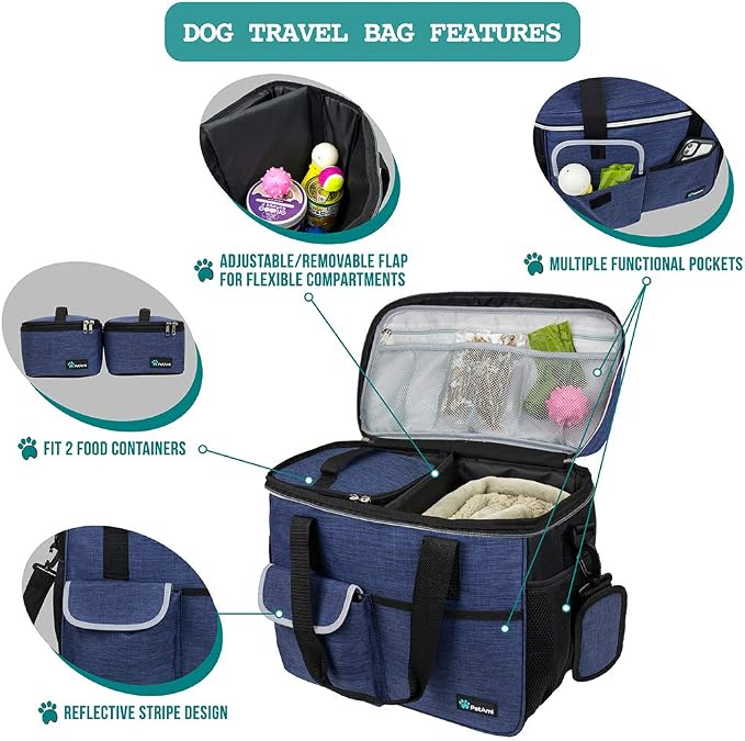 PetAmi Dog Travel Bag Organizer, Pet Travel Kit with 2 Food Containers & 2 Collapsible Dog Bowls, Pet Supplies Tote with Luggage Sleeve, Weekend Road Trip Camping Essentials, Navy Blue, Medium - Image 4