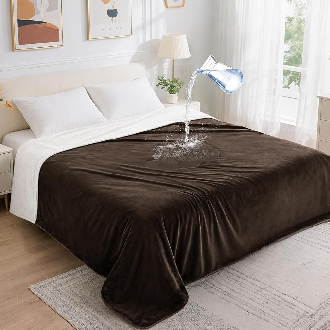 LOOBANI Waterproof Blanket for Bed Intimacy King Size 85"x108", Coffee | Double-Side Leak-proof Cozy Flannel, Reversible, Stain-Proof Cover for Rest Movie Time, Furniture Protection, Large Dogs, by LOOBANI