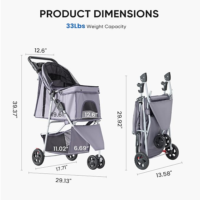 NEWBULIG 3 Wheel Pet Stroller for Dogs and Cats, Foldable, Lightweight and Durable, Ideal for Small to Medium Pets, Includes Storage Basket and Cup Holders