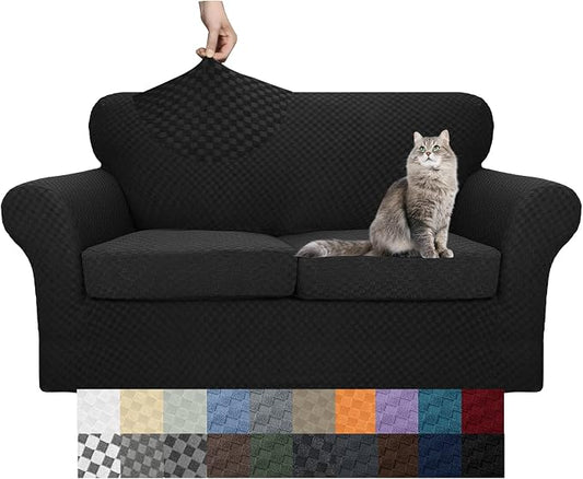 YEMYHOM Latest Checkered 3 Pieces Couch Covers for 2 Cushion Couch High Stretch Thickened Love Seat Sofa Cover for Dogs Pets Anti Slip Elastic Loveseat Slipcover Protector (Black), 55"-69"(2 CUSHIONS) by YEMYHOM