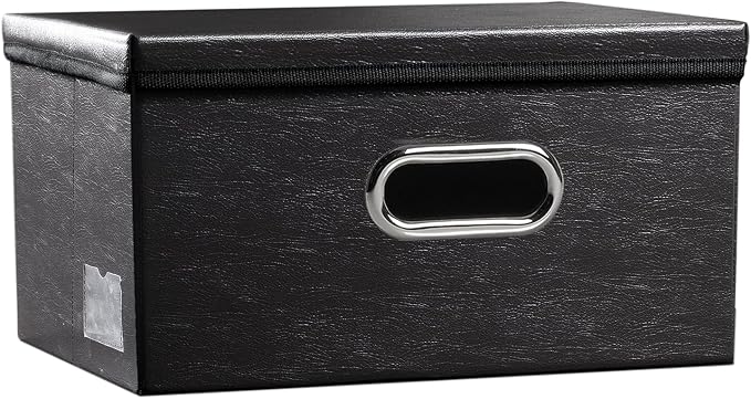 PRANDOM Collapsible Storage Box with Lid [1-Pack] Leather Fabric Foldable Storage Bin Organizer Container Basket Cube with Cover for Home Bedroom Closet Office Nursery Black (13.6x9.6x6.9) by Prandom