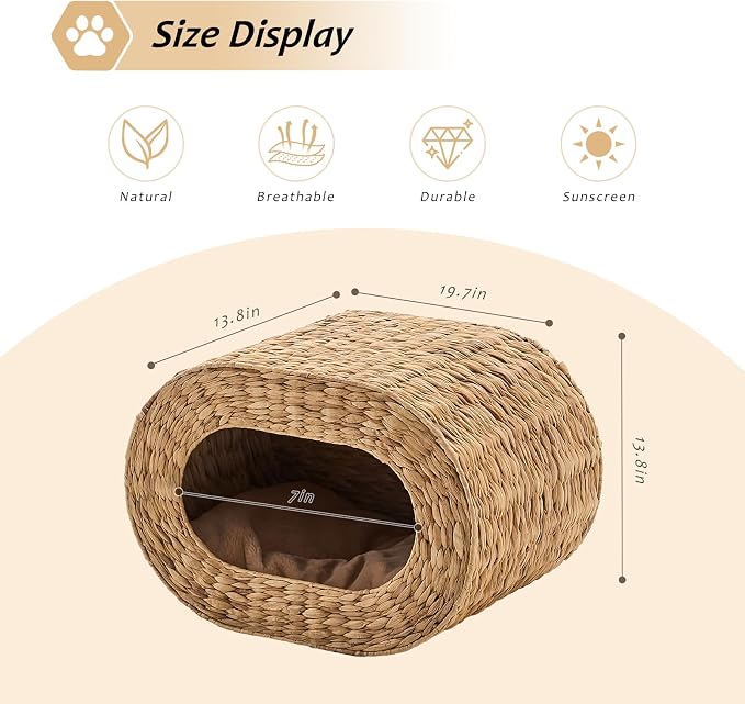 Cat House,Handwoven Cat Cave Pet Cube, Natural Cat Beds Indoor Kitten House with Double-Sided Soft Cushions, Pet Cat House for Multiple Cats, for Living Room Bedroom - Image 2