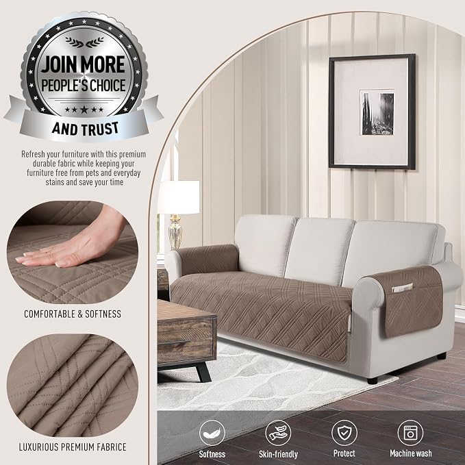 TAOCOCO Waterproof Couch Covers for Pets Dogs with Non Slip Backing, Sofa Seat Covers with Side Pocket for 3 Cushion Couch Washable Dog Couch Cover Protector Sofa Slipcovers(Sofa Plus, Taupe) - Image 2
