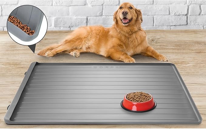 Dog Mat for Food and Water - 39.4" x 27" Large Pet Feeding Mats with Residue Collection Pocket - Waterproof Dog Cat Bowl Mat with High Edges to Prevent Water and Food Spills (Light Grey) | Waterproof Pet Bowl Mat with Residue Collection Pocket and High... - Image 7