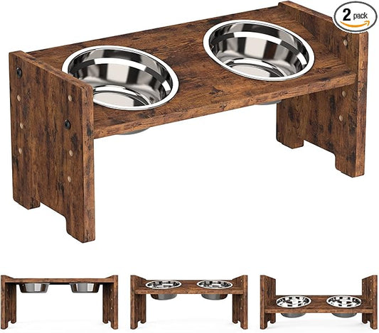 Vantic Elevated Dog Bowls, Raised Bowl Stand Adjustable Small, Rustic Brown | Particle Board Raised Feeder with 2 Stainless Steel Bowls, Adjustable Height for Small Puppies and Cats by Vantic