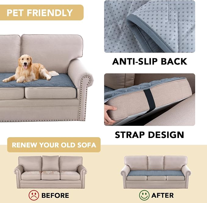 H.VERSAILTEX Couch Cover Chenille Pet Fuzzy Sofa Covers for 3 Cushion Couch Anti Slip Washable Sofa Slipcovers with Strap Soft Couch Protector Cover for Dogs Cats Kids(27.6" x 82", Stone Blue) - Image 4