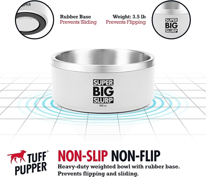 Tuff Pupper Heavy Duty Insulated Dog Bowl | Double Wall Stainless Steel Dog Food Dish | Non-Slip Spill Proof Dishwasher Safe Cat Bowl | Water Dish for Feeding Large Medium Small Pets (188oz, White) - Image 5