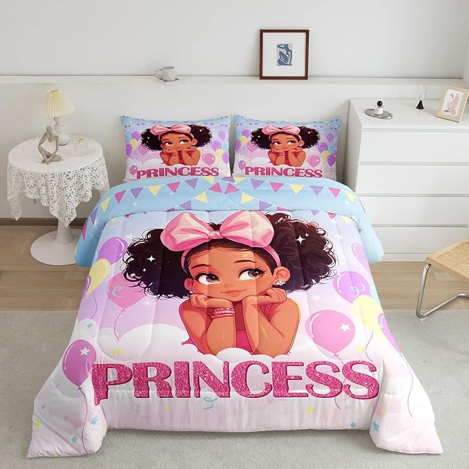 Manfei Black Princess Kawaii Comforter Set,Fairy Tale Theme Pink Bowknot Balloons Bedding Set for Adults Living Room,Starry Balloons Flags Dreamy Girl Quilt Set,3 Pcs with 2 Pillowcases,King by Manfei