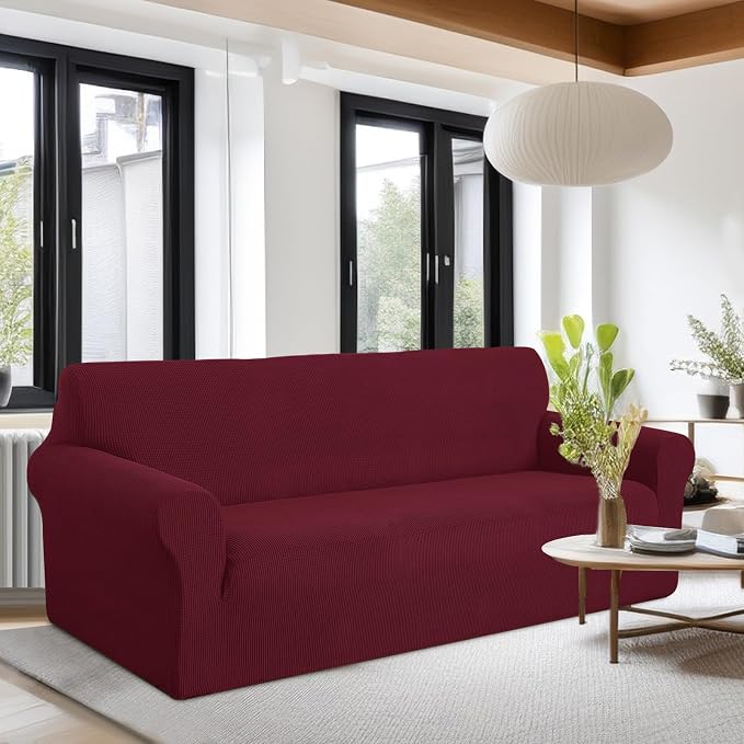 U-NICE HOME Oversized Stretch Couch Cover Slipcover, Burgundy | 3 Cushion Sofa, 1-Piece Sofa cover, Washable, Pet friendly, Furniture protector, Polyester Spandex Jacquard fabric - Image 2