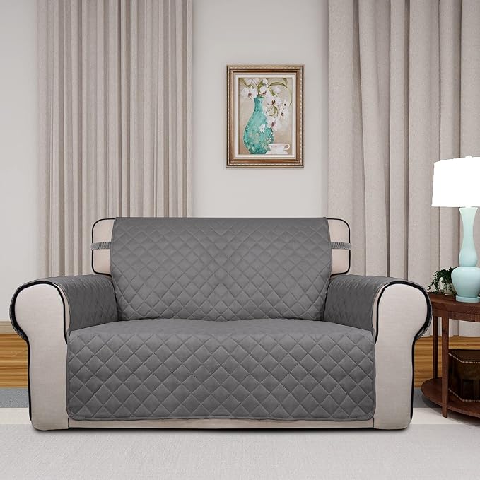 PureFit Reversible Quilted Sofa Cover, Water Resistant Medium Slipcover Furniture Protector, Washable Couch Cover with Non Slip Foam and Elastic Straps for Kids, Dogs, Pets (Loveseat, Gray/Gray) | Gray/Gray, Water Resistant Couch Protector, Washable Pe... - Image 2