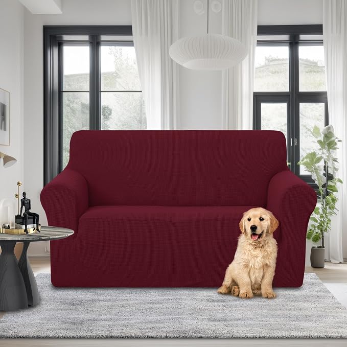 U-NICE HOME Loveseat Cover Stretch Couch Cover Sofa Slipcover, Burgundy | 2 Cushion Sofa, 1-Piece Sofa cover, Washable, Pet friendly, Furniture protector, Polyester Spandex Jacquard fabric - Image 2
