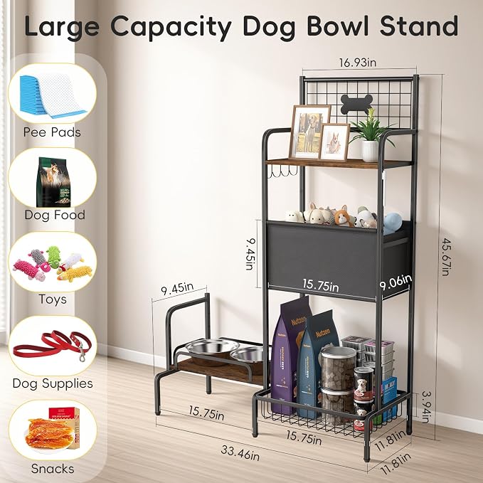 Dog Feeding Station Storage Organizer with Elevated Dog Bowl Stand | Adjustable Elevated Dog Bowl Stand, Large Toy Bin Basket, Lifted Food and Water Bowl Holder for Large Medium Small Breed - Image 4