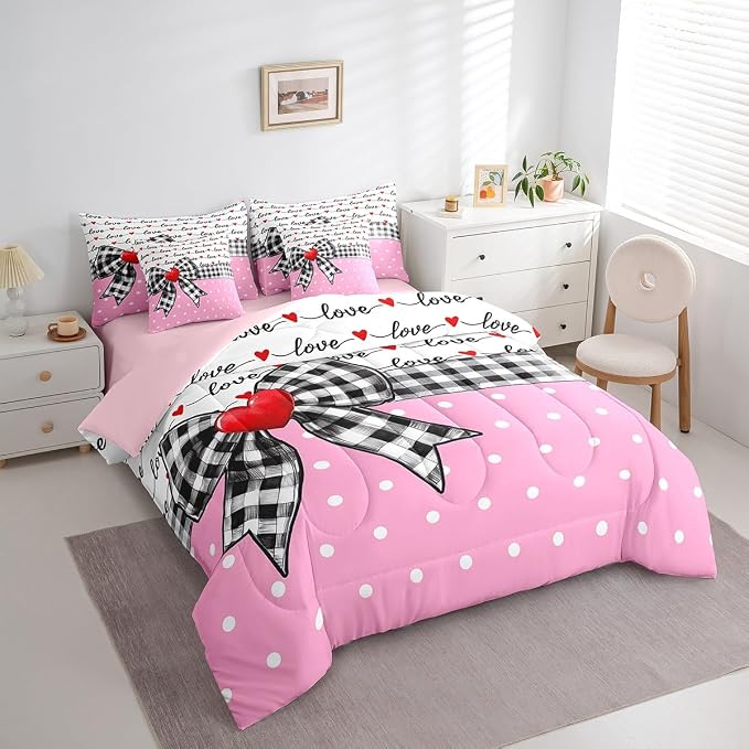 Erosebridal 7 Piece Valentine Bowknot Kids Comforter Set for Girls,Love Heart Shaped King Bedding Set for Girlfriend,Dreamy Princess Style Bed Set,Buffalo Plaid Grid Polka Dots Duvet Insert - Image 3