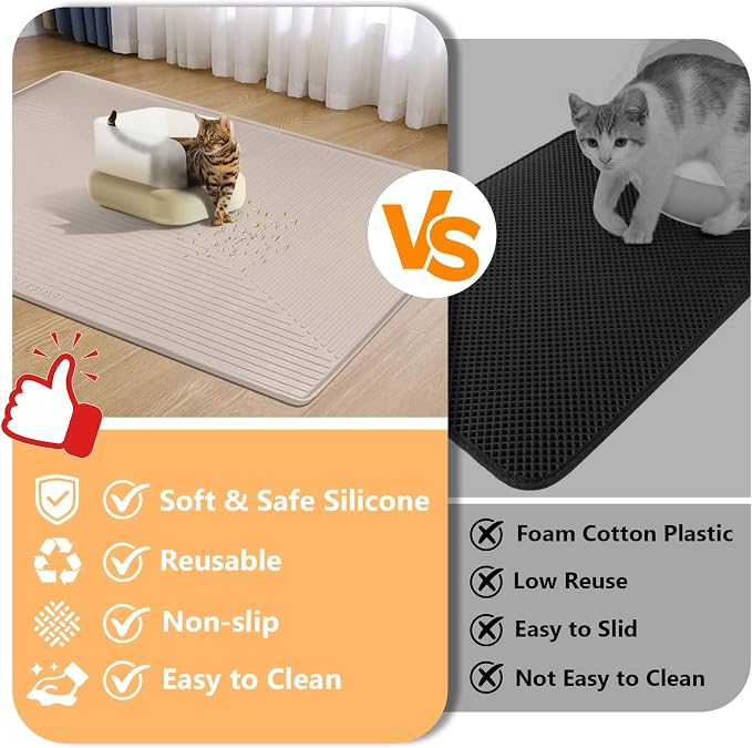 Silicone Cat Litter Mat 50" x 36" Cat Mat for Litter Box, Khaki | Extra Large Cat Litter Trapping Mat for Floor, Waterproof, Non-Slip Kitty Litter Box Mat with Raised Edge, Easy to Clean - Image 3