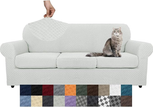 YEMYHOM Latest Checkered 4 Pieces Couch Covers for 3 Cushion Couch High Stretch Thickened Sofa Cover for Dogs Pets Elastic Slipcovers Living Room Furniture Protector (Ivory), 71"-91"(3 Cushions) by YEMYHOM