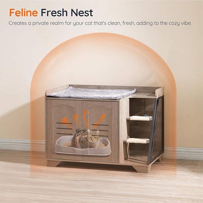 HOOBRO Cat Litter Box Enclosure with Ladder, Hidden Litter Box Furniture with Rechargeable 3-Color LED, Plush, Teaser Balls, 31.5" L x 18.9" W x 22.4" H, All-in-One, Black and Greige BG48MW01G1 - Image 6