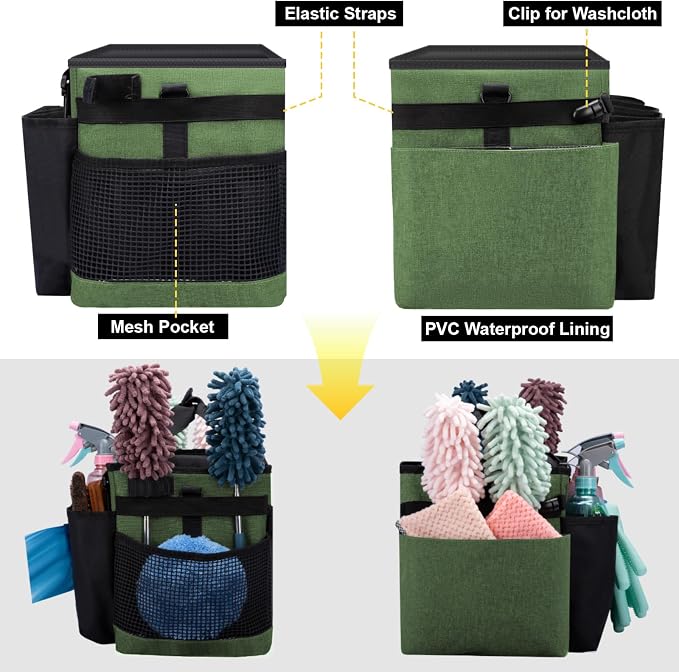 Wearable Large Cleaning Caddy Bag for Housekeeper, Clean Supply Organizer with Adjustable Shoulder, Waist & Handle Straps, Detailing Bag for Kitchen Supplies (Green) - Image 5