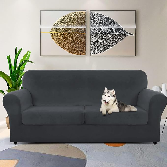 ZNSAYOTX Oversized Velvet 3 Piece Couch Cover with 2 Extra Large Seat Cushion Covers Stretch Sofa Cover for 2 Cushion Couch Thick Soft Loveseat Sofa Slipcover (Black),72"-92"(2 Cushions) - Image 2